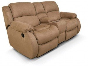 Reclining Loveseat with Console in tan color with plush bucket seats for comfort