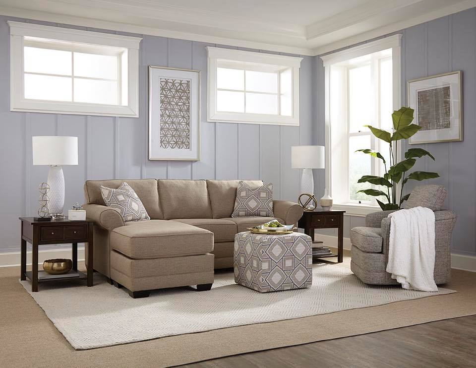 beige Wallace sofa by England Furniture in room with gray walls